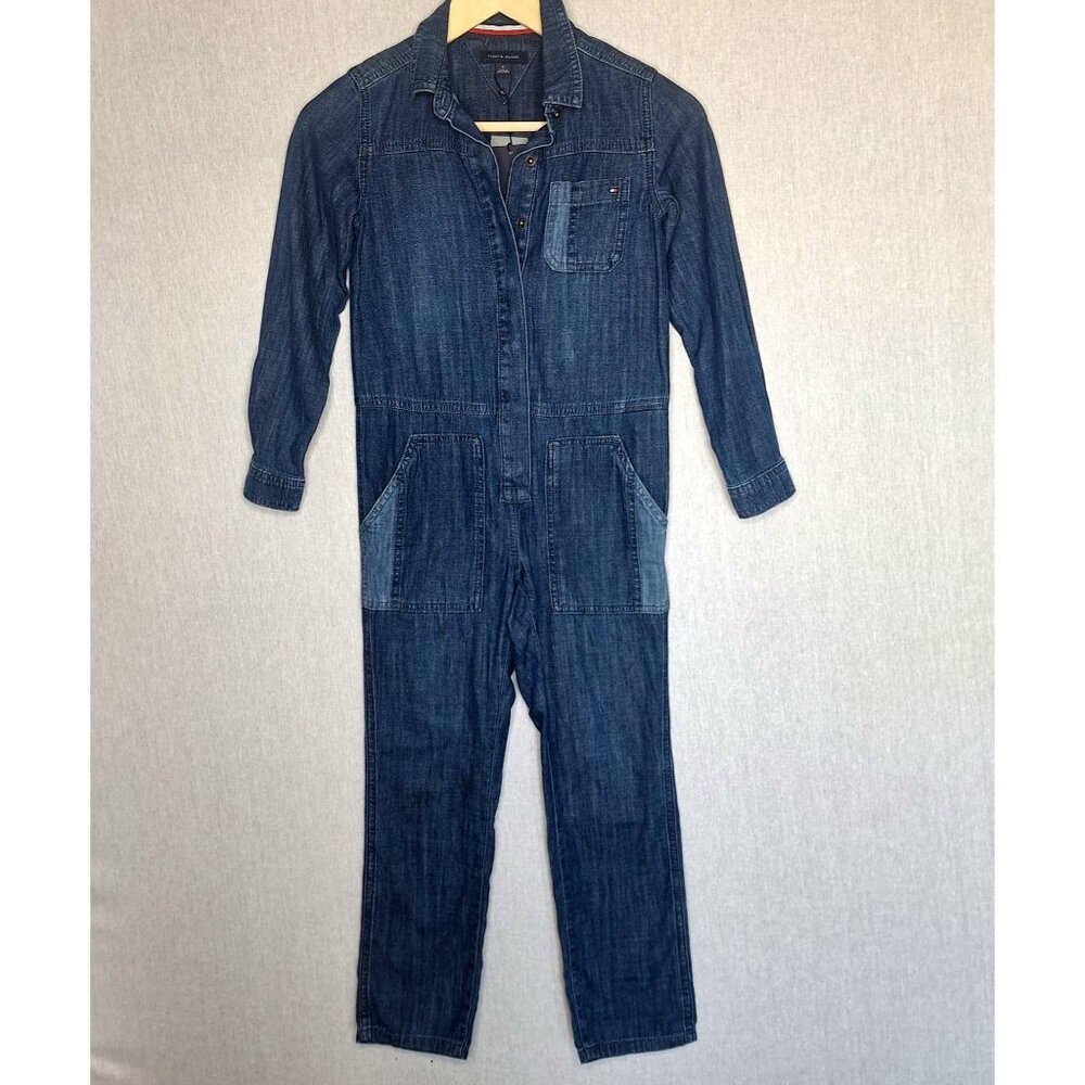 NWT Tommy Hilfiger Girls Denim Jeans Overalls Size 8 Long Sleeve Snap Buttons Pr